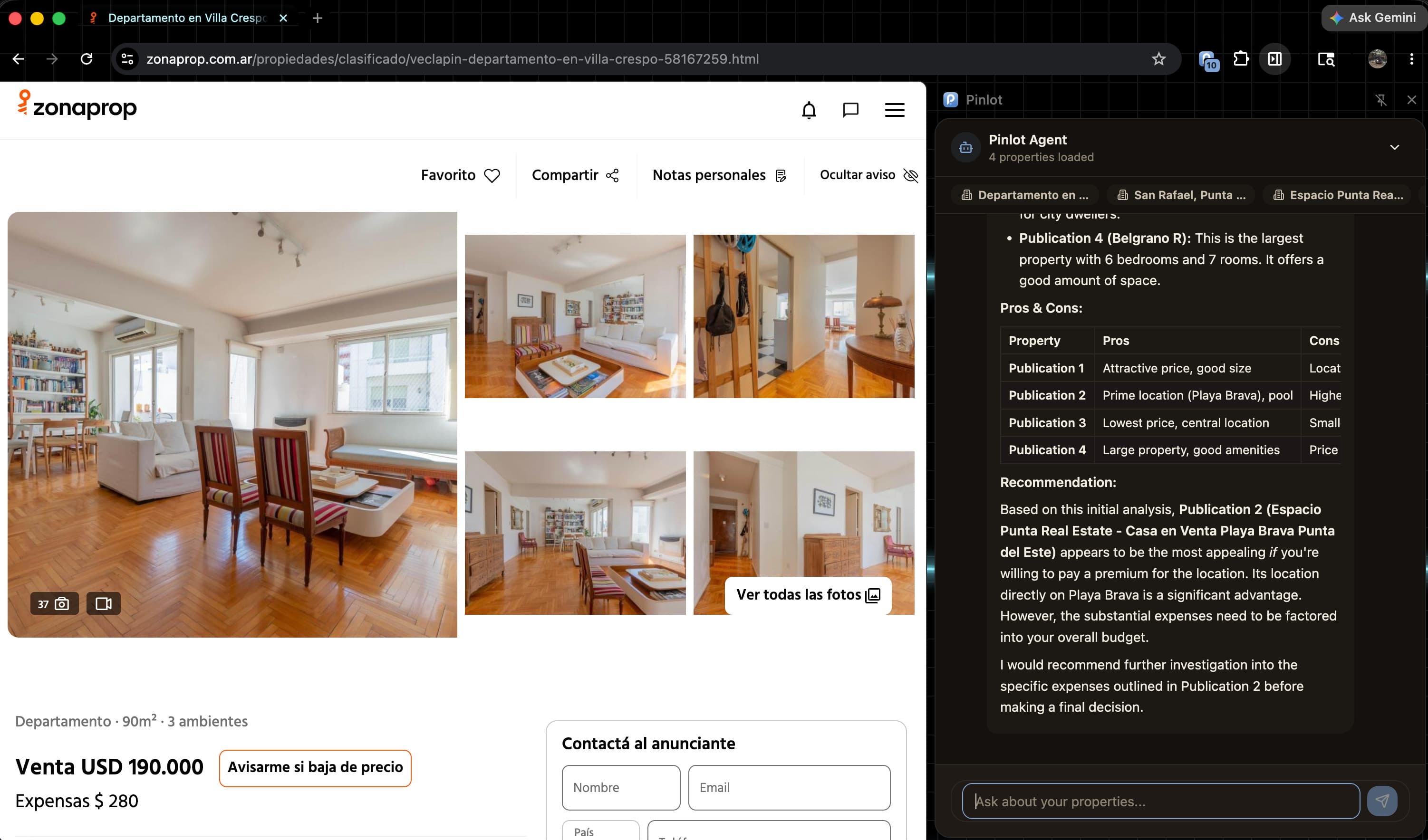 Chatting with AI about saved properties