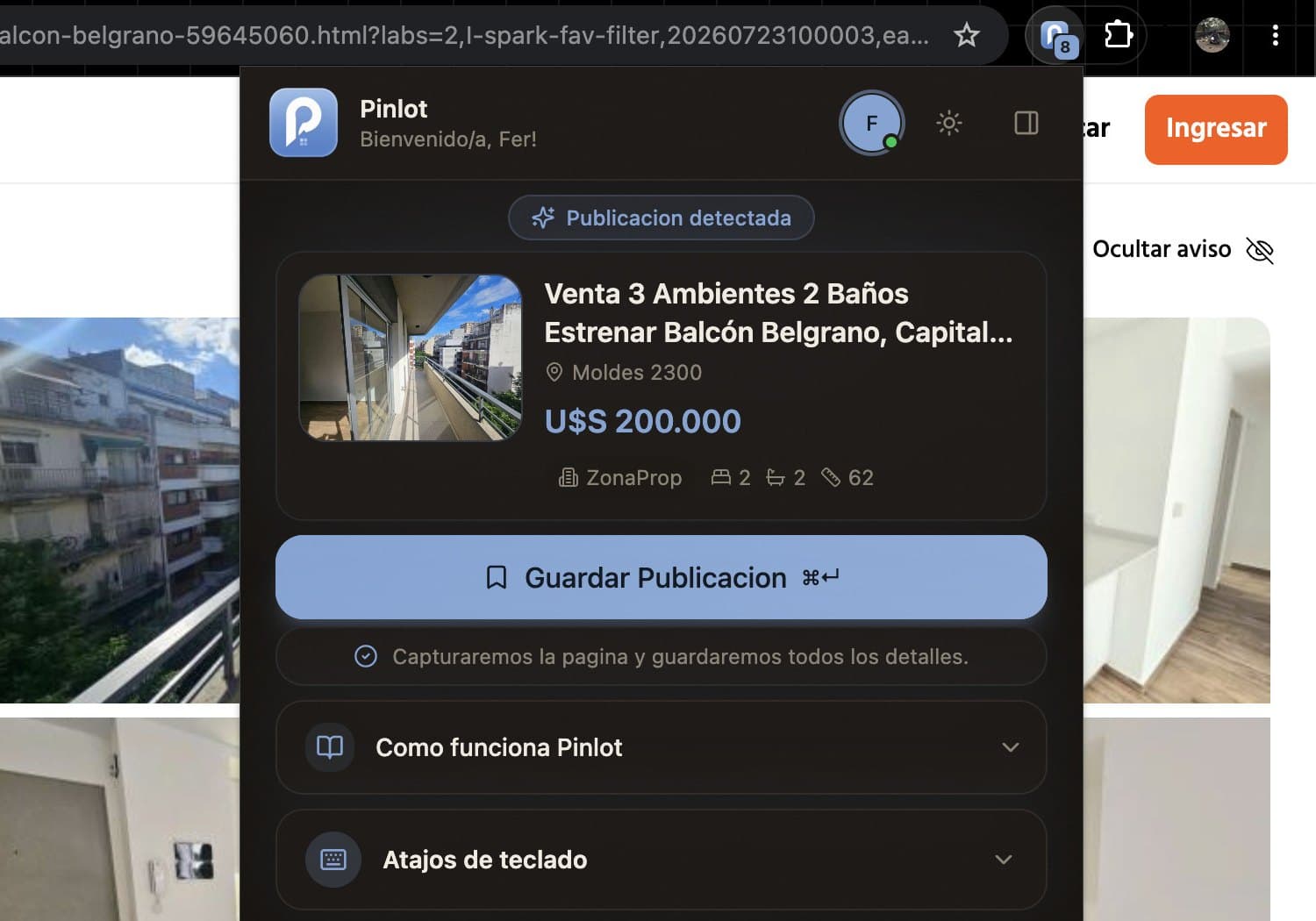 La extensión de Pinlot guardando un aviso de ZonaProp desde Chrome