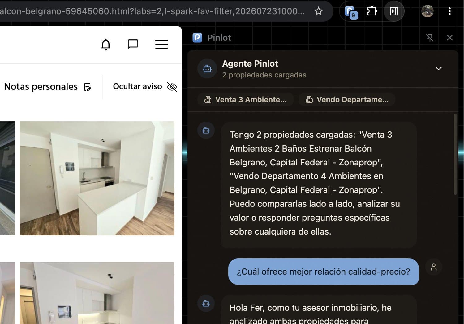 El agente de Pinlot comparando dos propiedades lado a lado