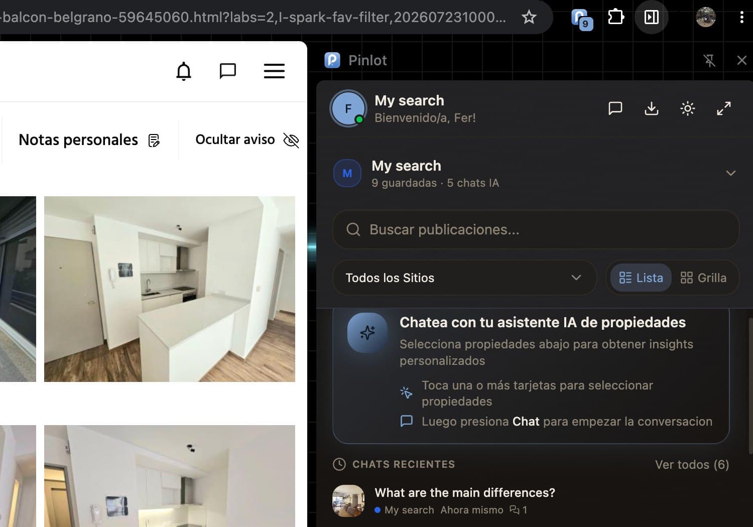 El panel lateral de Pinlot con los avisos guardados de un cliente