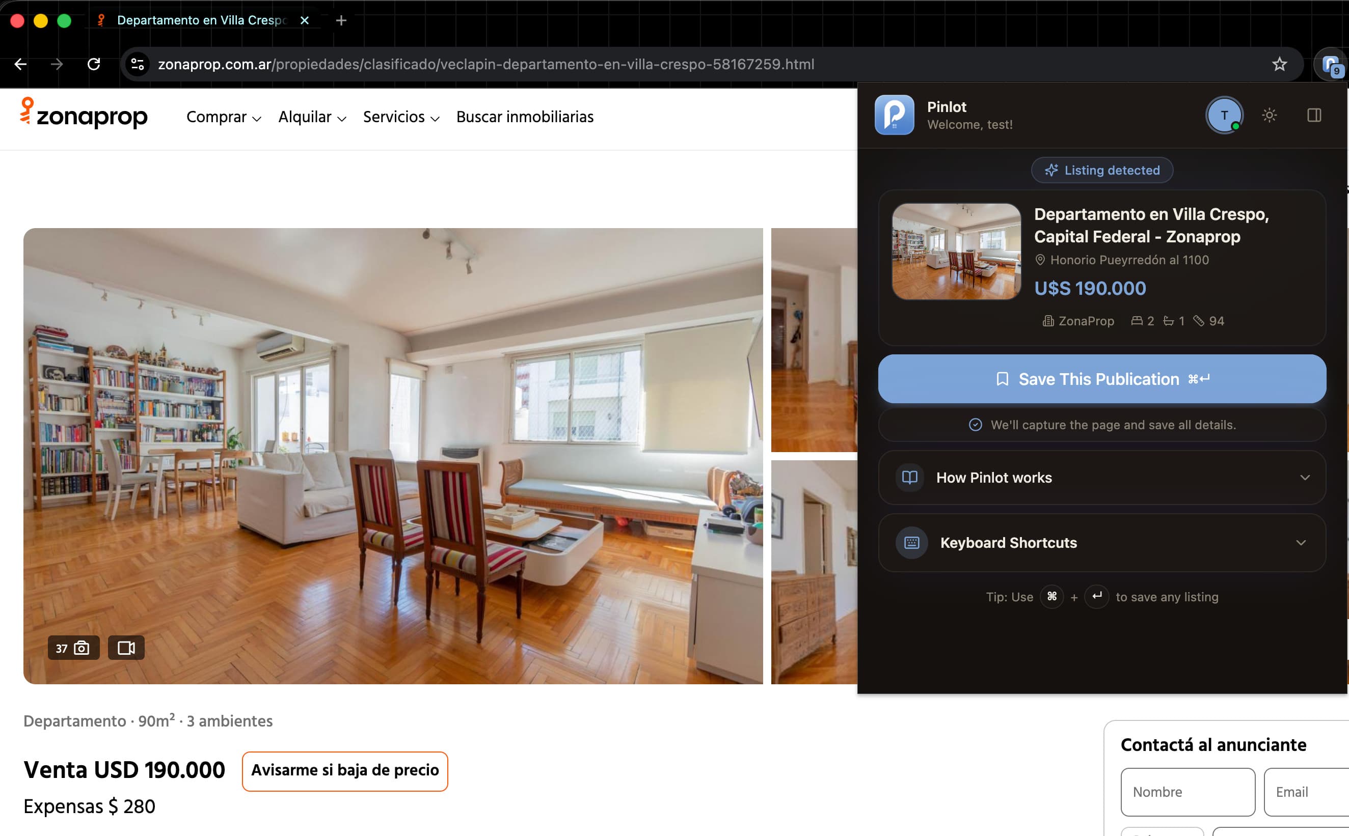 Saving a property listing with one click