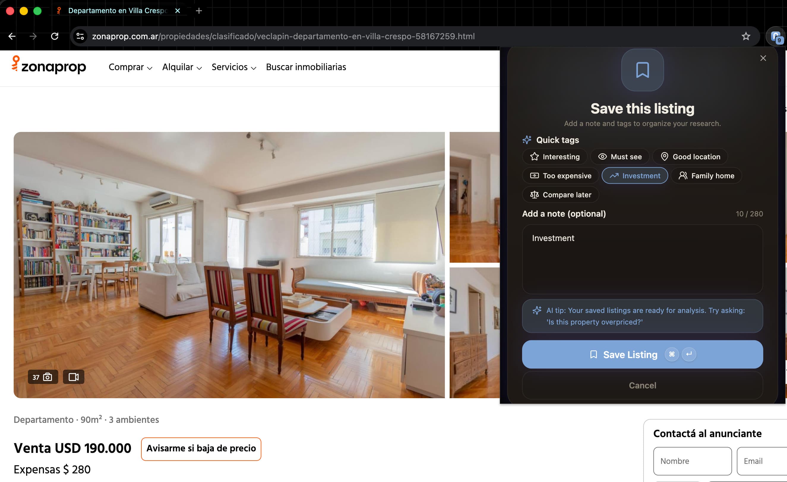 Saving a property listing with one click