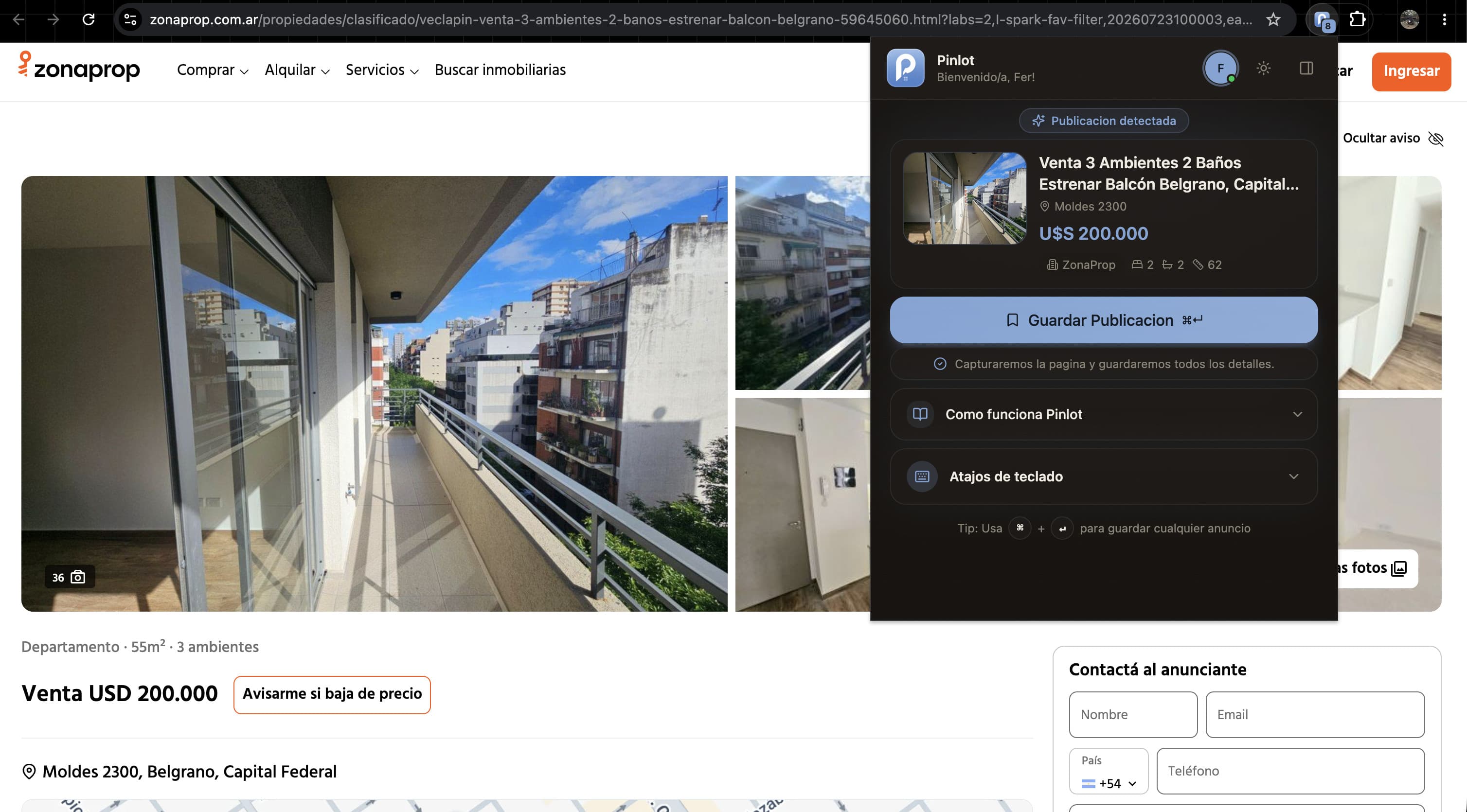 La extensión de Pinlot guardando un aviso de ZonaProp desde Chrome